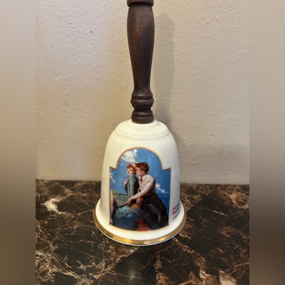 Vintage Gorham Cream and Brown Decorative Bell with Wooden Handle